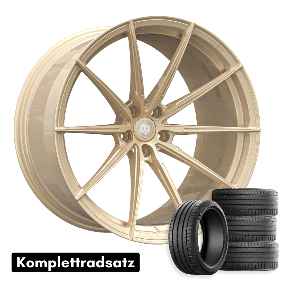 20 Zoll Komplettradsatz Raffa Wheels RFS‑03 Forged Series Champagner | 9x20 ET30 | LK 5x112 | inkl. Reifenwahl & optional RDKS - CarWorlds GmbH