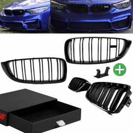 2x Kühlergrill Schwarz Glanz Doppelsteg +Emblemhalter passend für BMW 4er F32 F33 F36 auch M4 + M alle Modelle