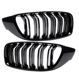 2x Kühlergrill Schwarz Glanz Doppelsteg +Emblemhalter passend für BMW 4er F32 F33 F36 auch M4 + M alle Modelle